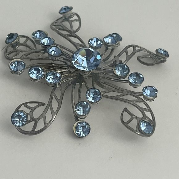 VTG Brooch Blue Rhinestones Star Burst Snowflake Art Deco Silver Tone - Picture 2 of 10